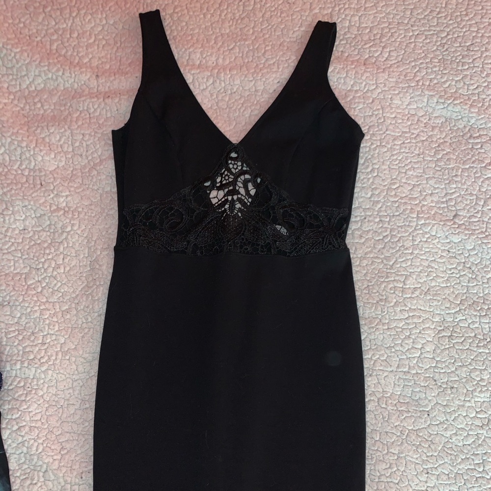 black mini cocktail dress with lace front